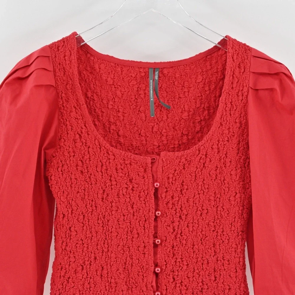 By Anthropologie Smocked Cardigan Size XS Red Button Up Puff Sleeve‎ Top Boho